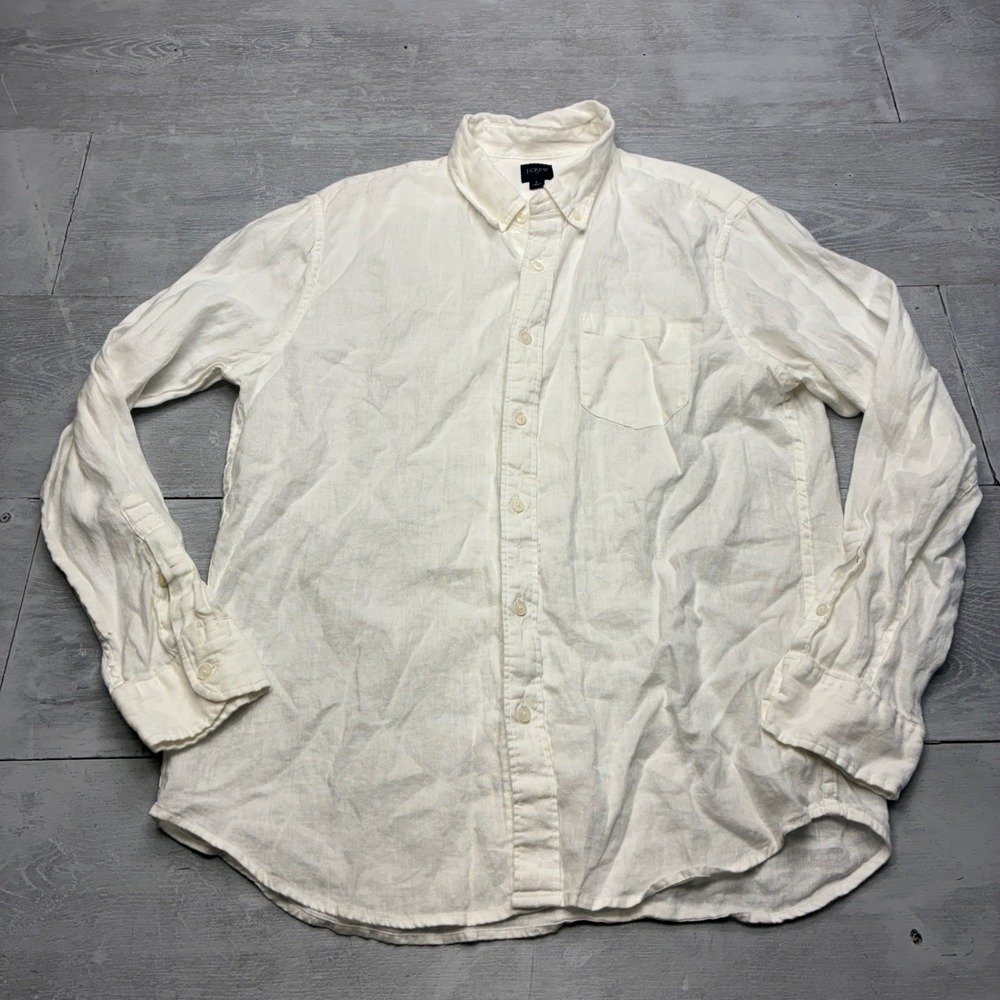 J.Crew Linen Cotton Button Down Shirt Mens Large White Long Sleeve Pocket Top
